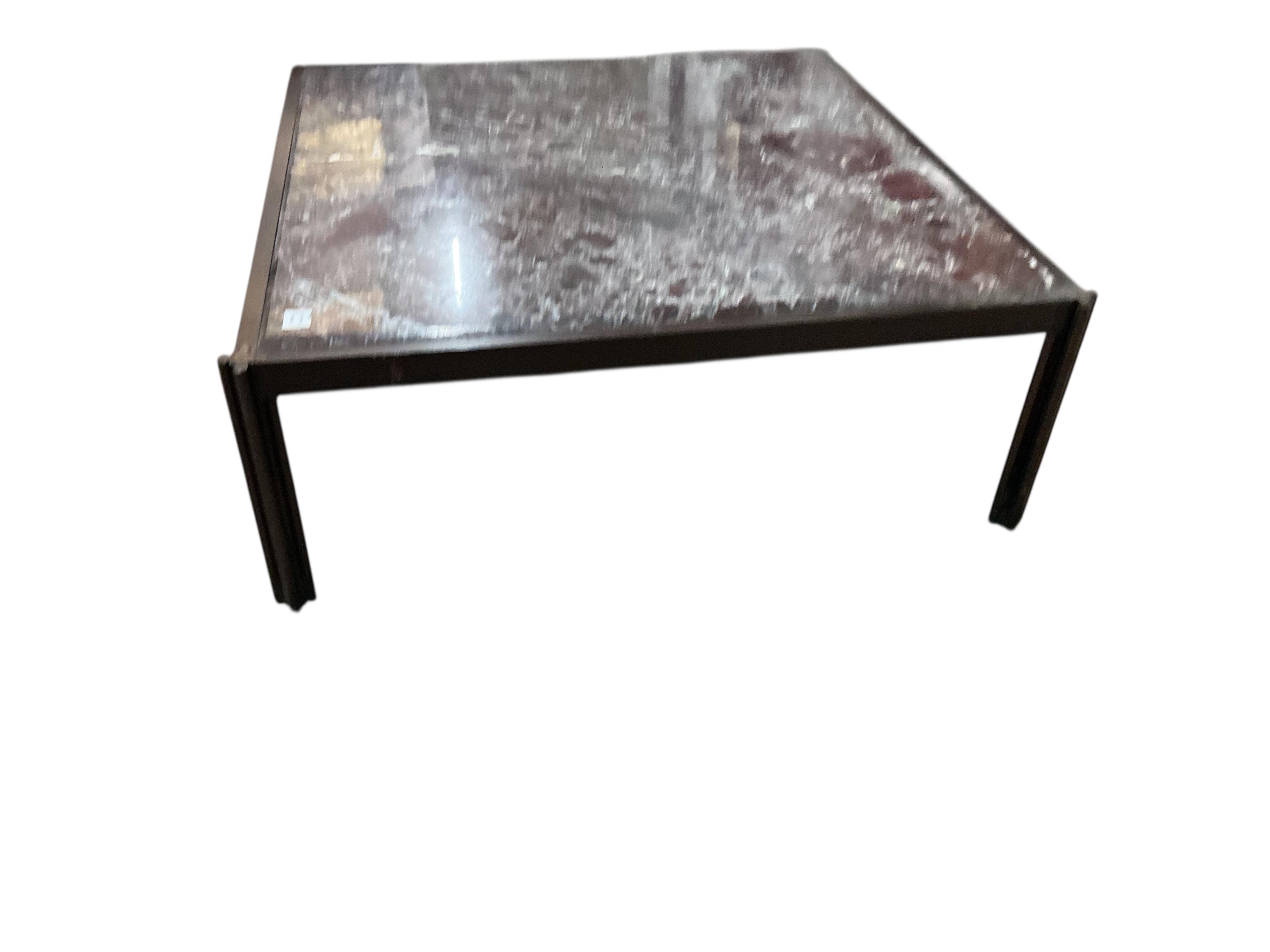 A Contemporary square marble topped brass coffee table, 110cm, height 39cm, Provenance: The late Kenneth Turner (1936-2025), celebrity florist, designer and perfume retailer, he received the Royal Warrant from the Prince